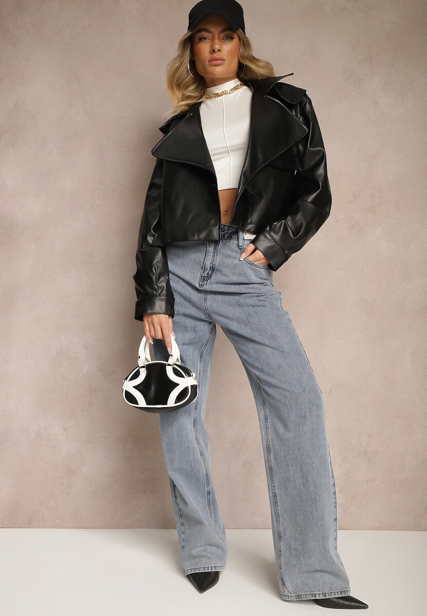 Czarna Kurtka Ramoneska o Asymetrycznym Kopertowym Kroju z Zapięciem na Sprzączkę Ivarise