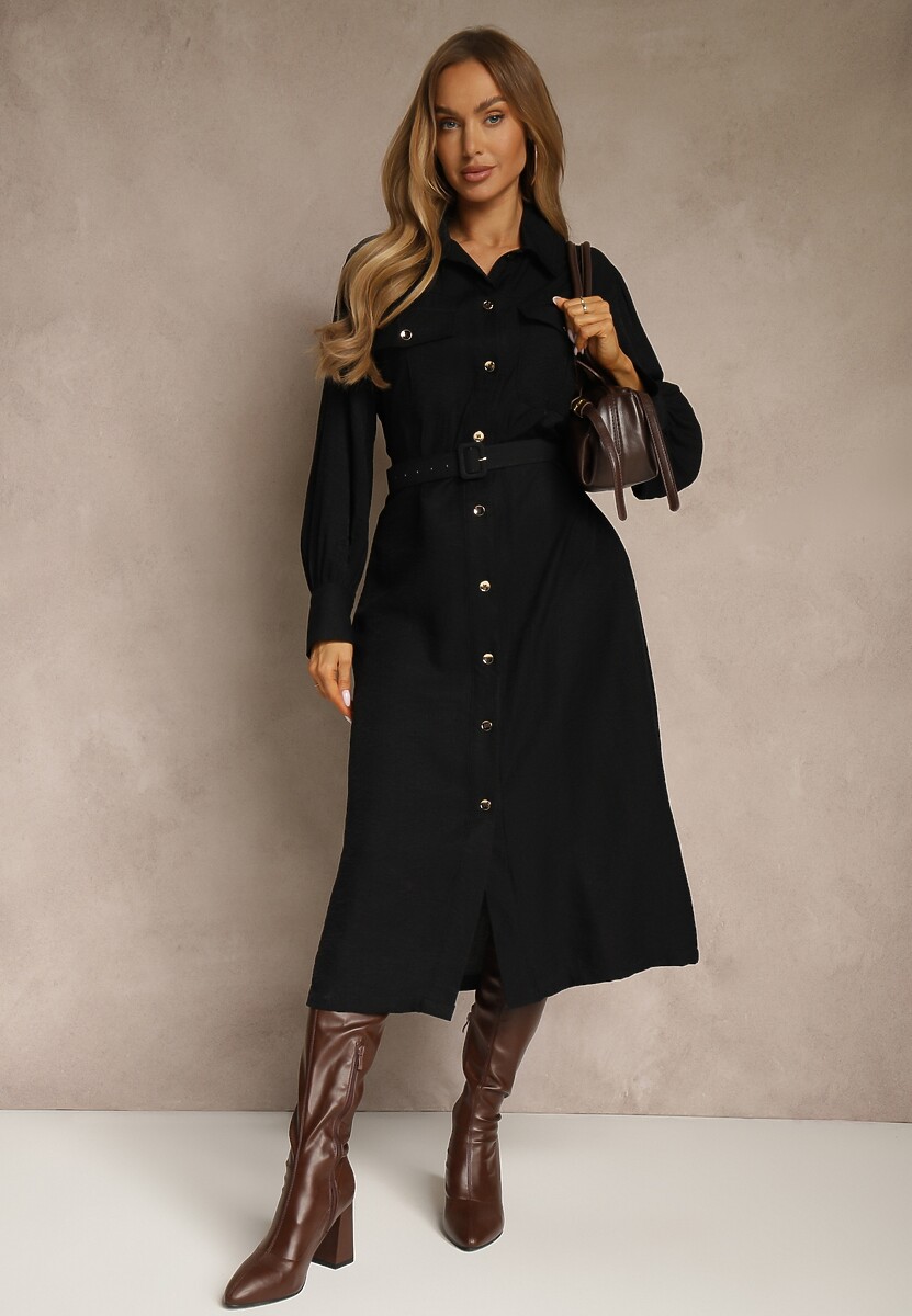 Niebieska Koszulowa Sukienka z Wiskozy z Paskiem z Klamrą i Kieszeniami Lisandrila