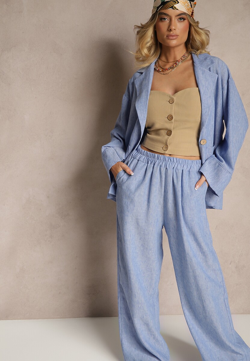 Niebieski Garniturowy Komplet Marynarka z Kieszeniami i Spodnie o Szerokim Kroju Tasvanis