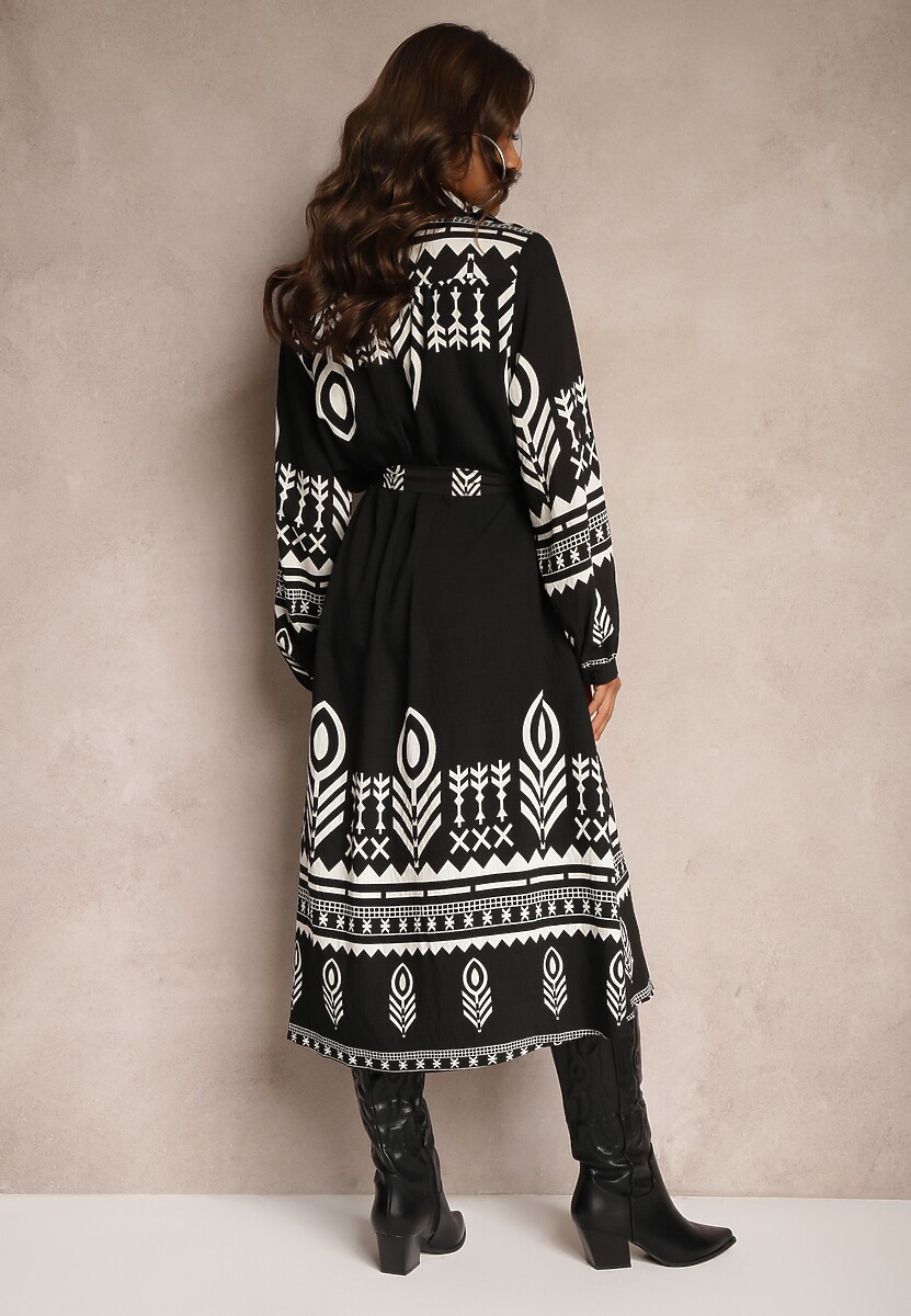 Czarna Koszulowa Sukienka z Wiskozą w Azteckie Wzory Averisa