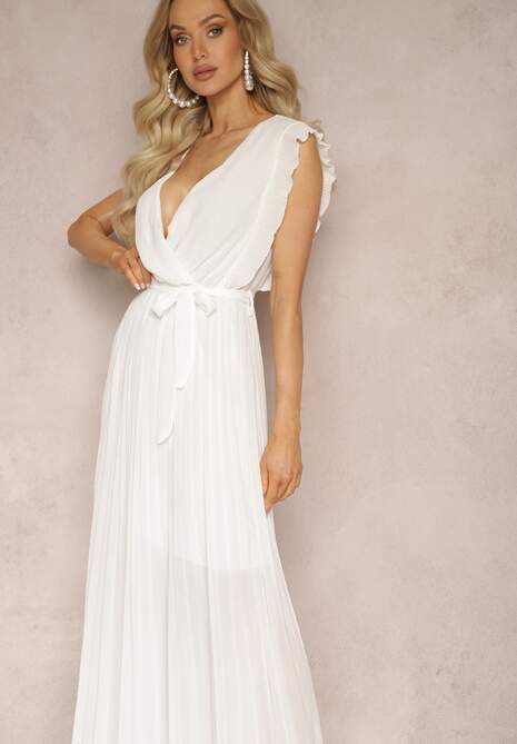 Biała Wiskozowa Sukienka Maxi z Plisowaniem o Rozkloszowanym Kroju i Kopertowym Dekolcie Fliceris