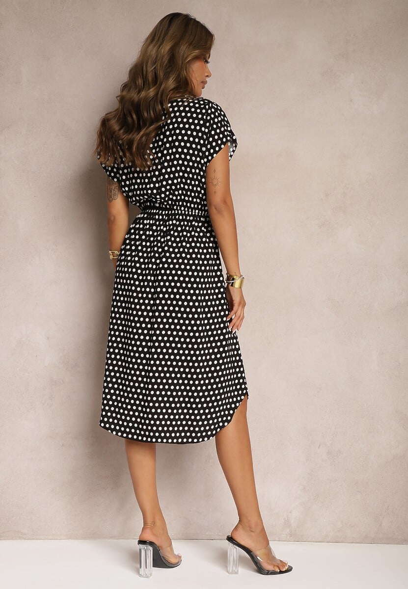 Czarno-Biała Sukienka z Bawełny o Rozkloszowanym Kroju z Gumką w Talii Emilla