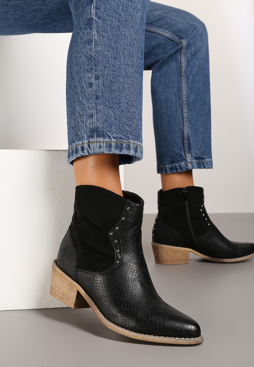 Czarne Botki Kowbojki z Nitami Egochis