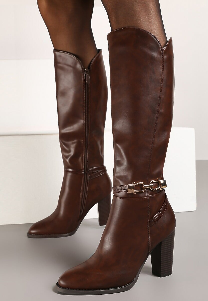 Brązowe Kozaki na Słupku Muszkieterki z Klamerką Vortilina