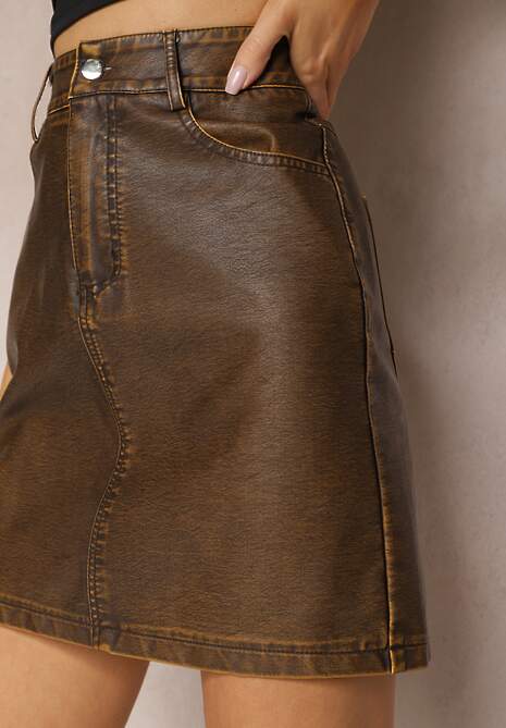 Brązowa Klasyczna Spódnica Mini z Imitacji Skóry z Kieszeniami Mondo