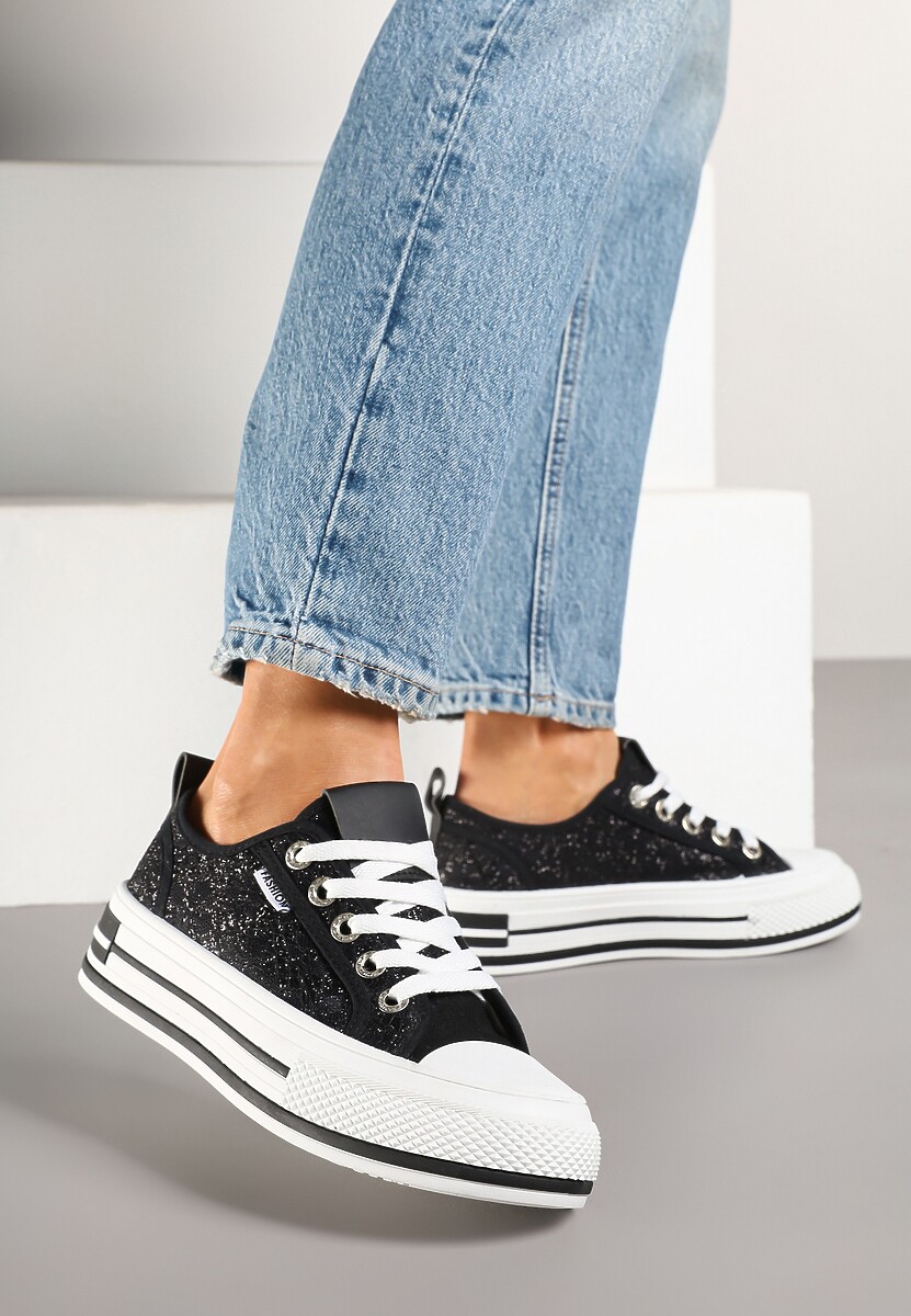 Czarne Trampki z Koronkową Wstawką z Błyszczącymi Drobinkami Daliven