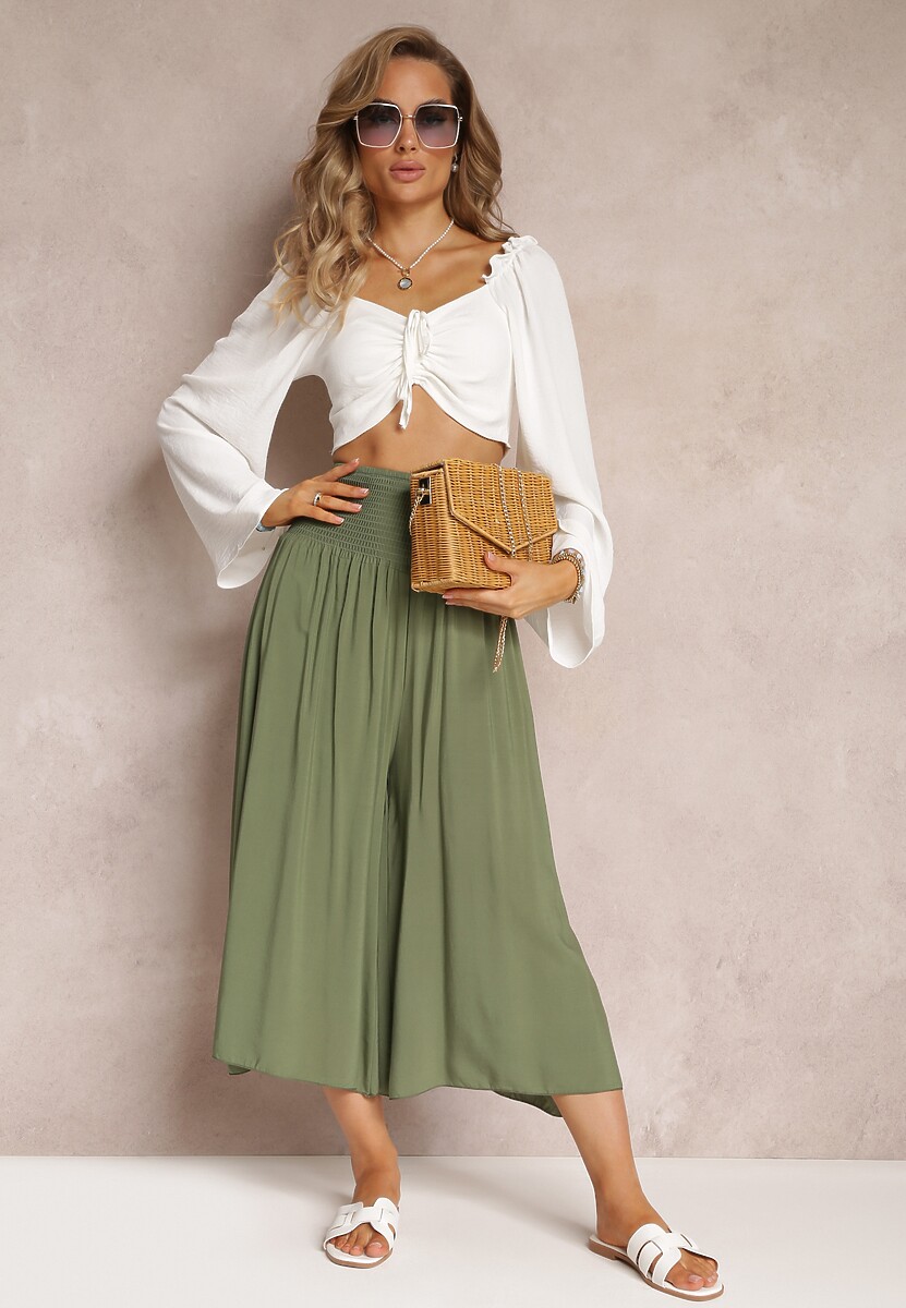 Beżowe Plisowane Spodnie Szerokie z Bawełny Jaina