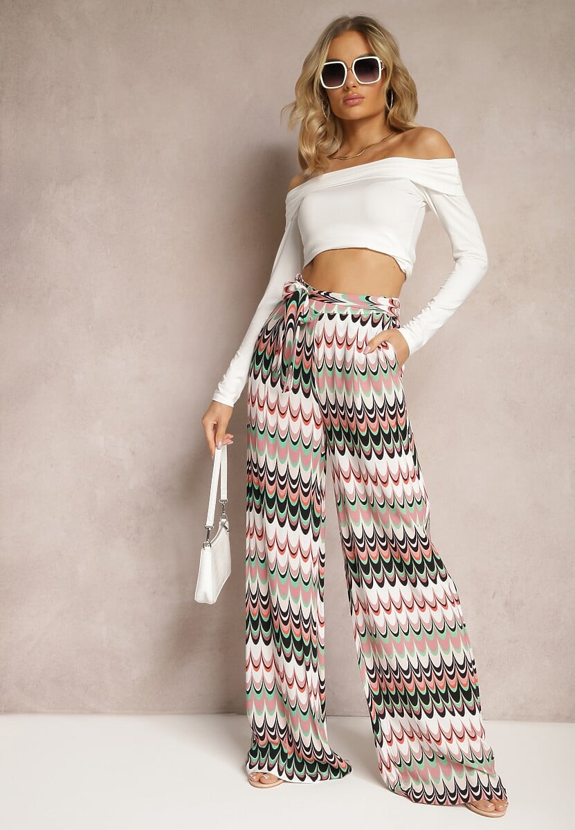 Beżowo-Zielone Wiskozowe Spodnie Szerokie High Waist Wiązane w Pasie w Abstrakcyjny Wzór Akirasa