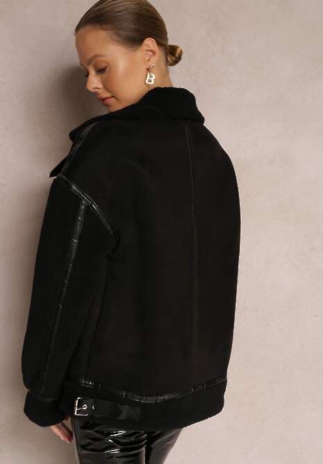 Czarna Kurtka Pilotka ze Sztucznym Barankowym Futerkiem Phaerehe