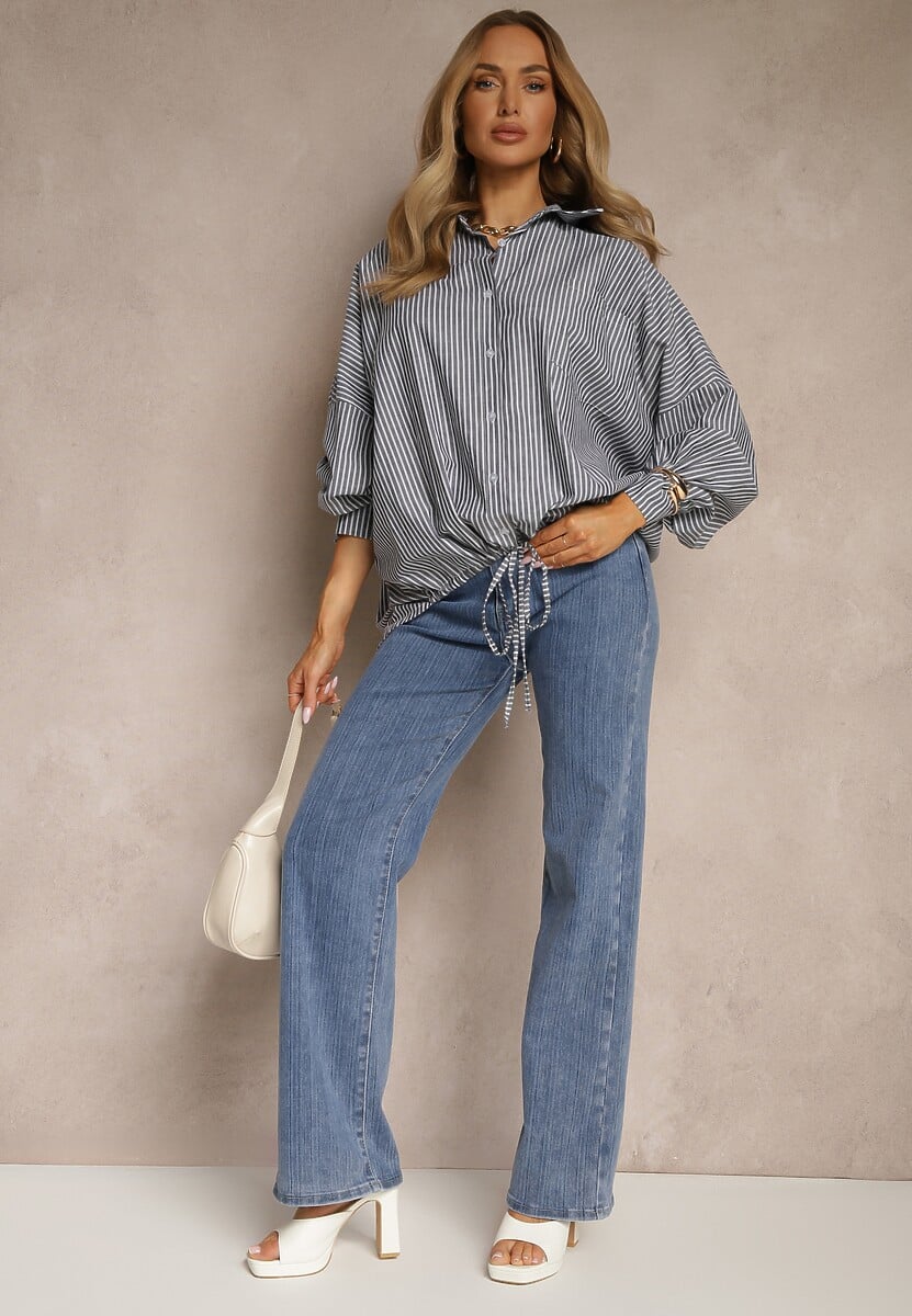 Ciemnoszara Koszula z Bawełny o Kroju Oversize w Prążki ze Ściągaczem w Pasie Neoritia