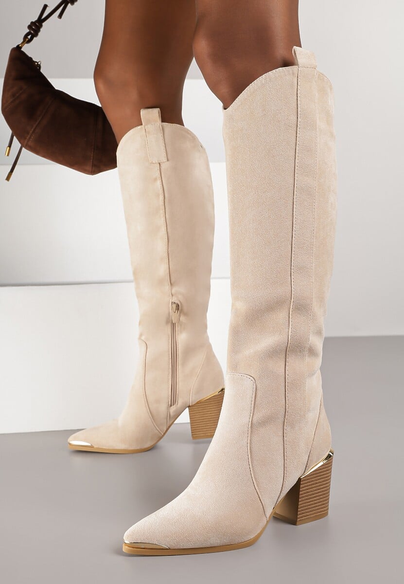 Beżowe Kozaki Kowbojki przed Kolano z Metalicznym Noskiem Caspianna