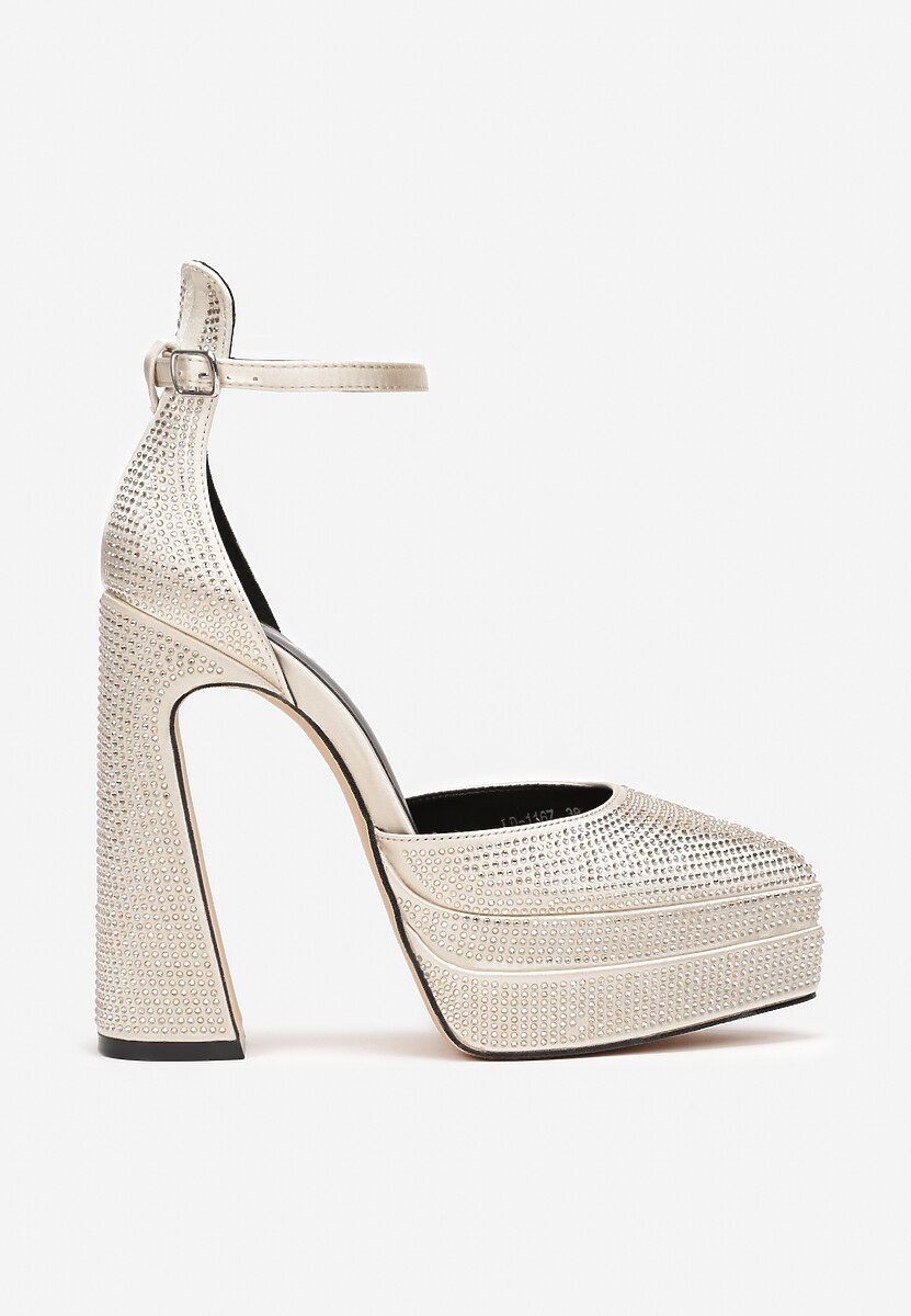 Beżowe Sandały w Cyrkonie na Platformie i Słupku Irmeli