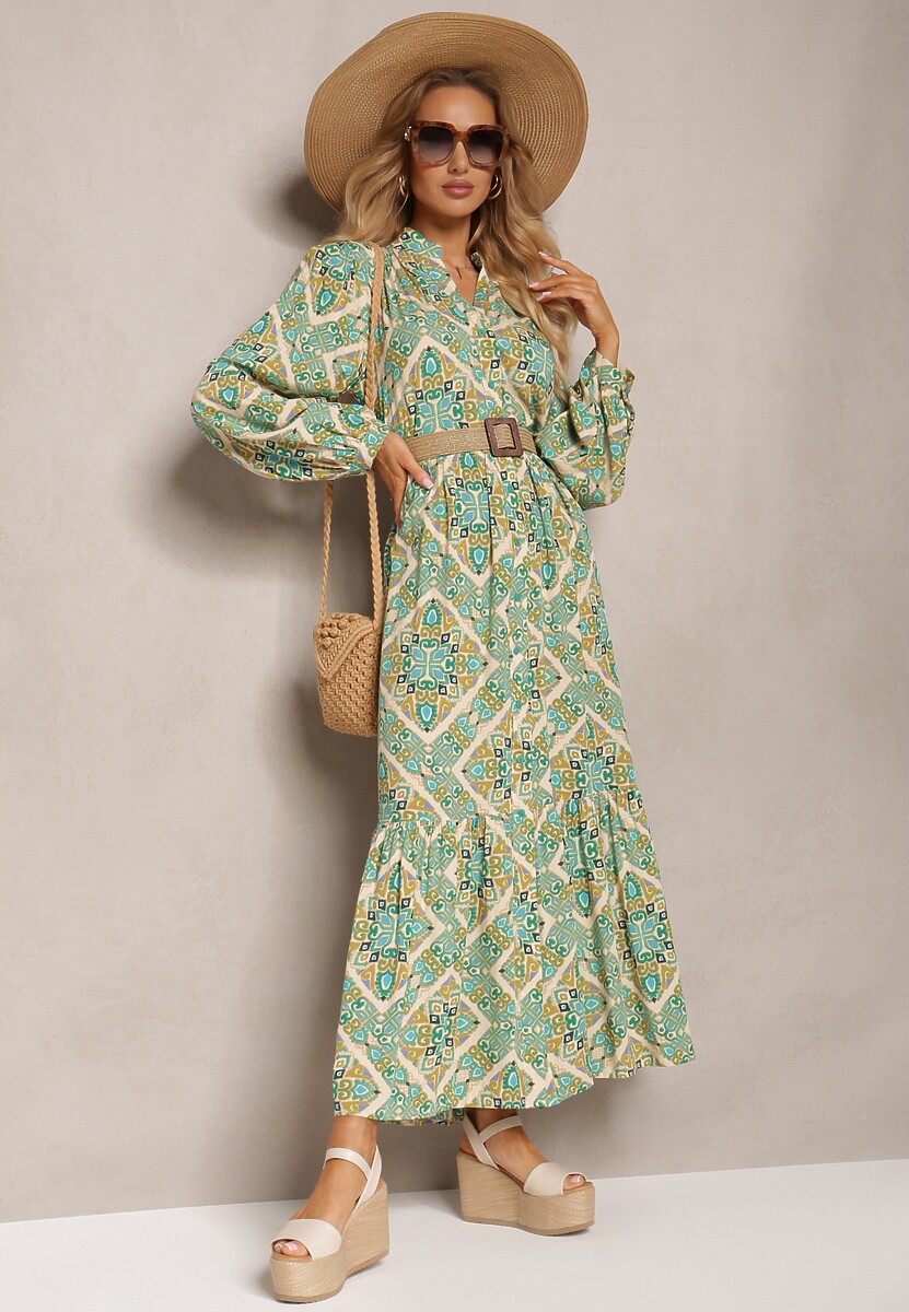 Zielona Wiskozowa Sukienka o Rozkloszowanym Kroju z Falbanką i Guzikami Orines