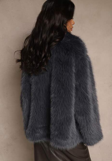 Granatowa Oversizowa Kurtka Futerko o Dwurzędowym Kroju Asonella