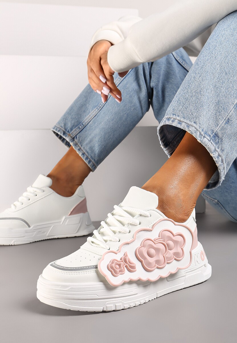 Biało-Czarne Sneakersy na Niskiej Platformie z Ozdobnymi Kwiatkami na Boku Benavilla