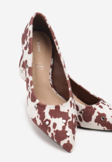 Brązowe Czółenka Vices  w Krowie Łaty na Szpilce z Wkładką ze Skóry Naturalnej z Klamrą i Ćwiekami Riloria Viralowe