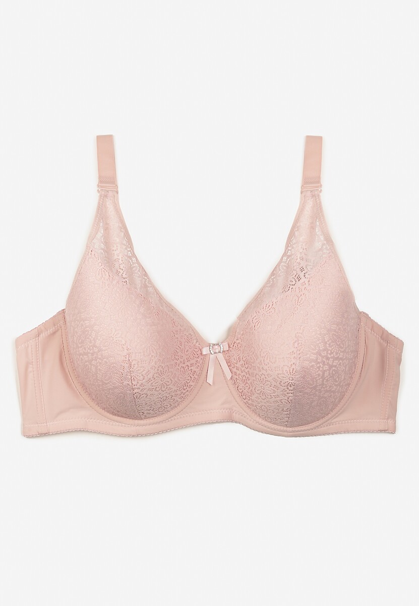 Różowy Koronkowy Biustonosz Full Cup z Ozdobnymi Cyrkoniami na Kokardce Nikoriana