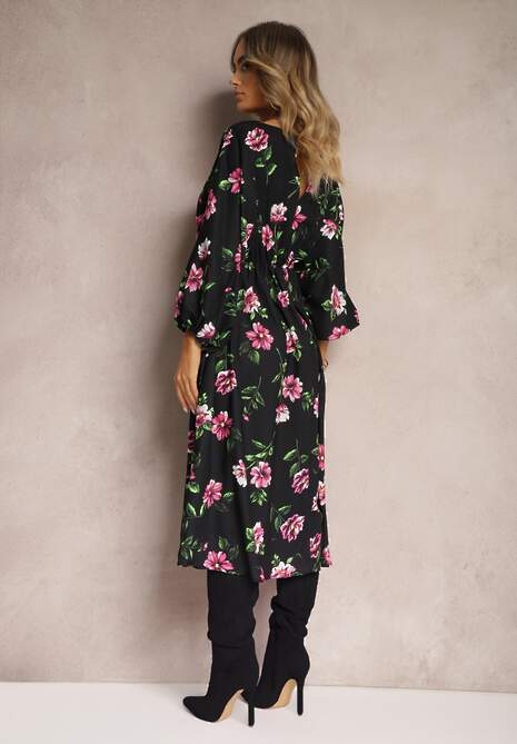 Czarno-Różowa Midi Sukienka w Kwiaty o Rozkloszowanym Kroju z Rękawami Nietoperz Jervia