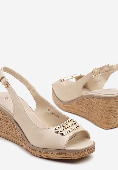 Złote Sandały na Koturnie z Wkładką ze Skóry Naturalnej i Metaliczną Aplikacją Borlimi