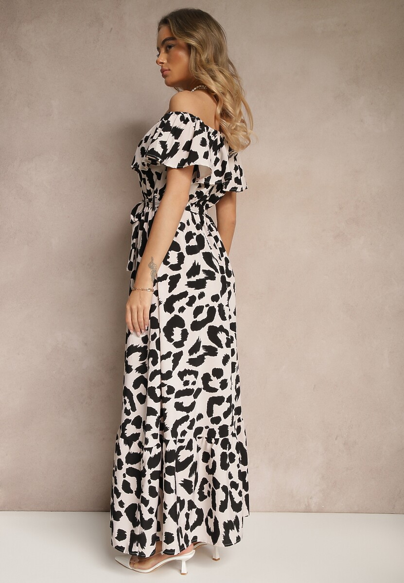 Jasnobeżowa Sukienka Hiszpanka w Panterkę o Rozkloszowanym Kroju z Paskiem Calirne