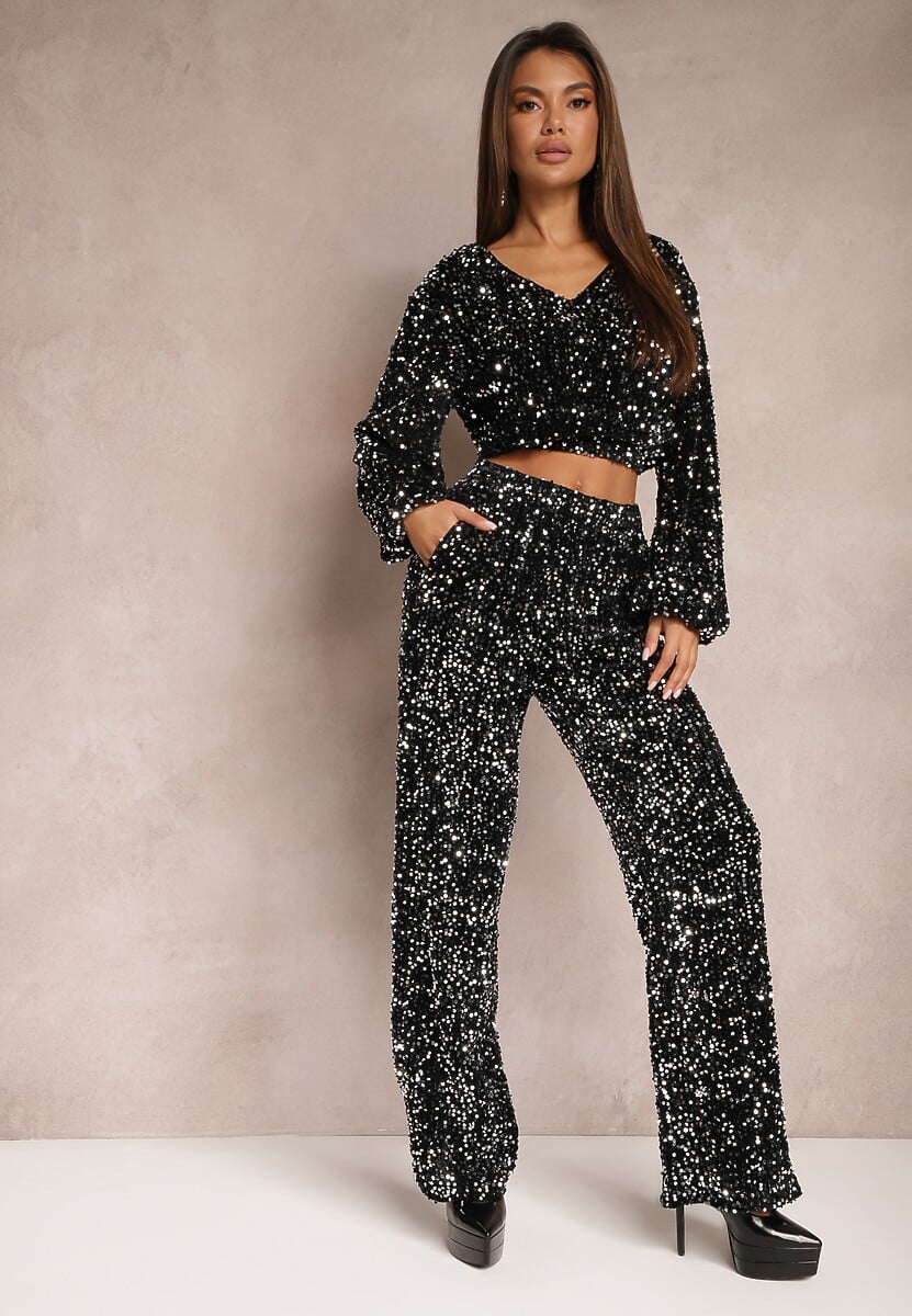 Fioletowe Szerokie Spodnie w Cekiny z Welurowej Tkaniny Naress