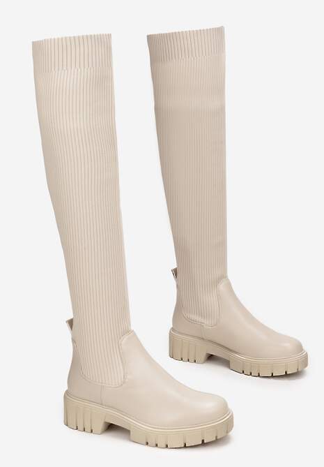 Beżowe Kozaki z Elastyczną Cholewką za Kolano Meyo