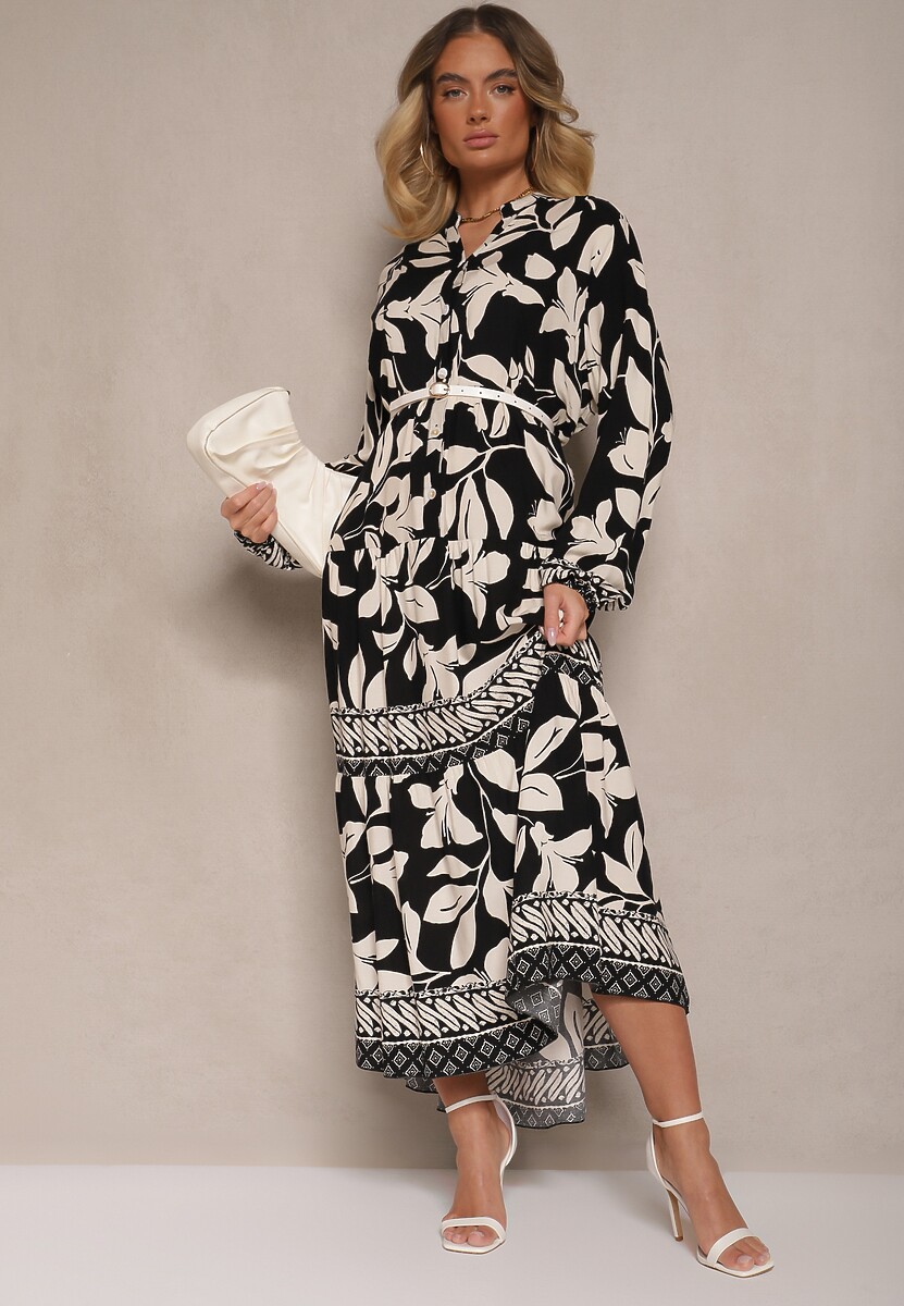 Czarna Wiskozowa Sukienka Koszulowa w Liście Lioelene