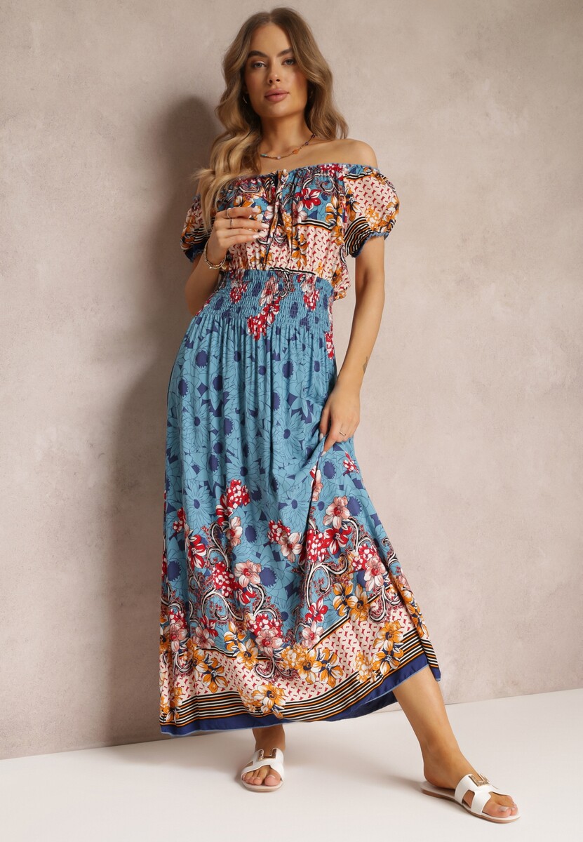 Niebieska Bawełniana Sukienka z Gumkami w Pasie i Hiszpańskim Dekoltem Laenianna