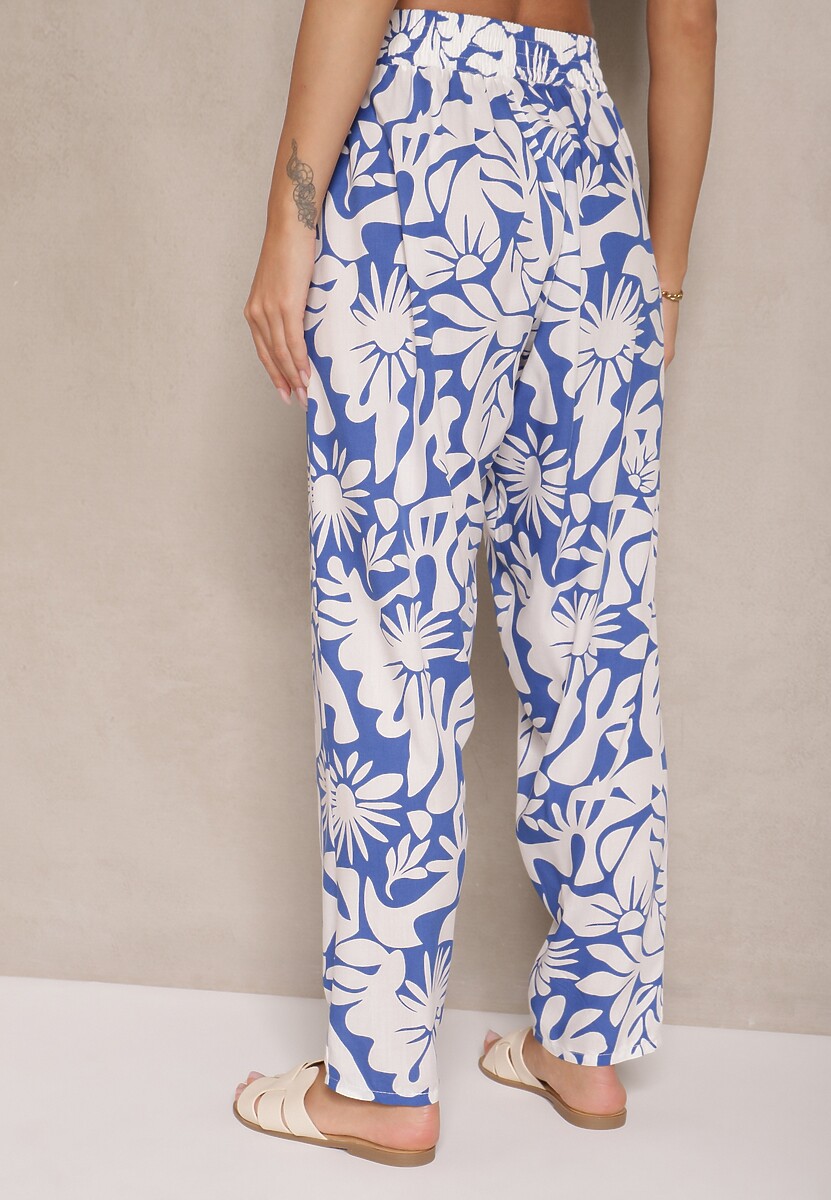 Niebieskie Spodnie z Wiskozy High Waist w Kwiatowy Wzór Niliannea