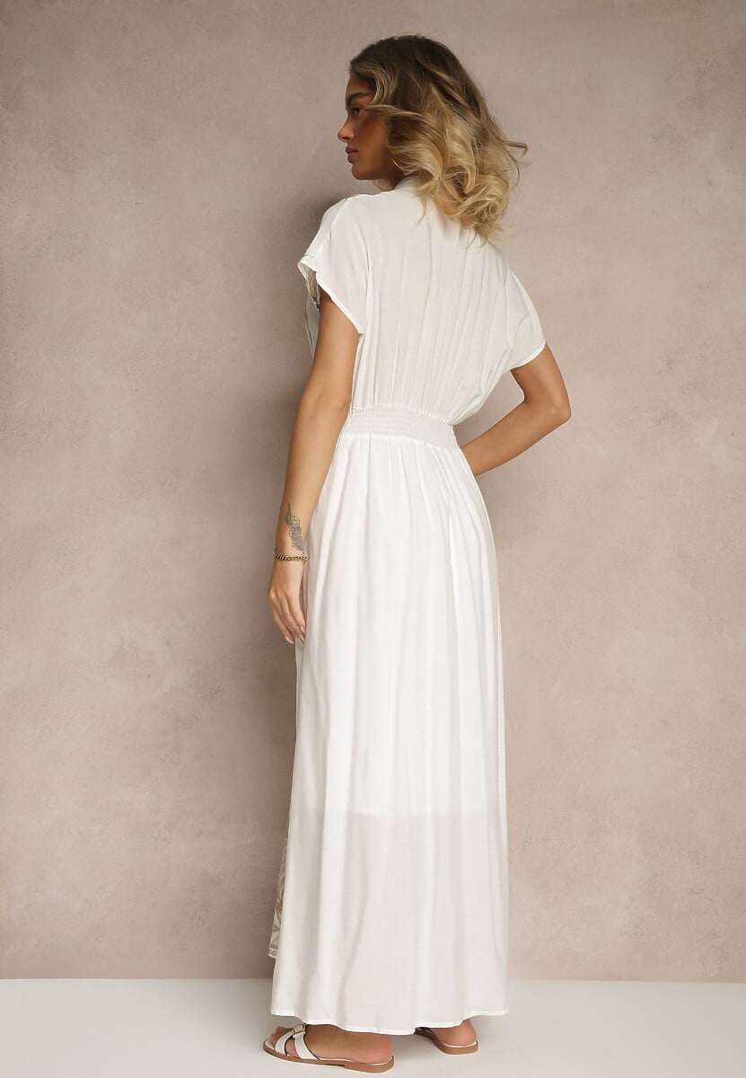 Biała Sukienka Koszulowa z Bawełną i Metaliczną Nicią Ullio