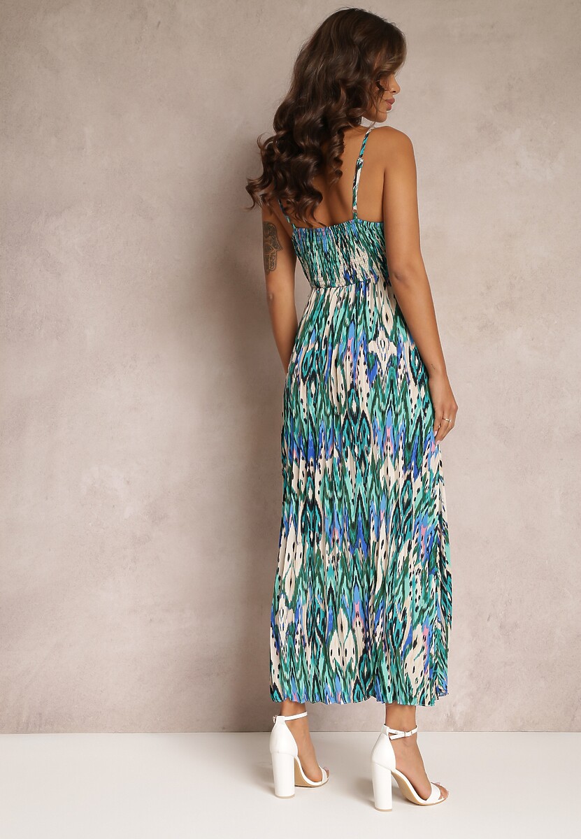 Zielona Plisowana Sukienka Maxi z Gumką w Talii i Kopertowym Dekoltem Iralle