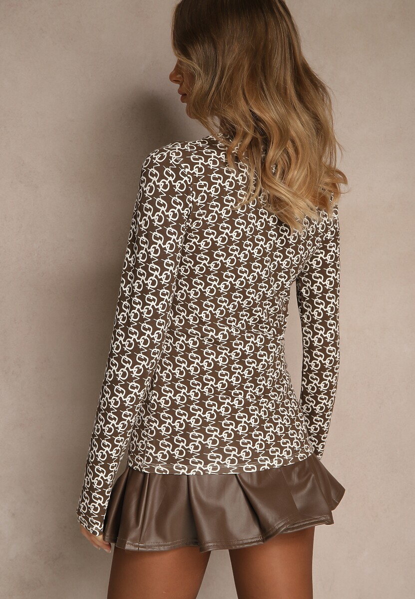 Biało-Brązowa Bluzka Longsleeve z Bawełny Ozdobiony Literowym Wzorem Javelina