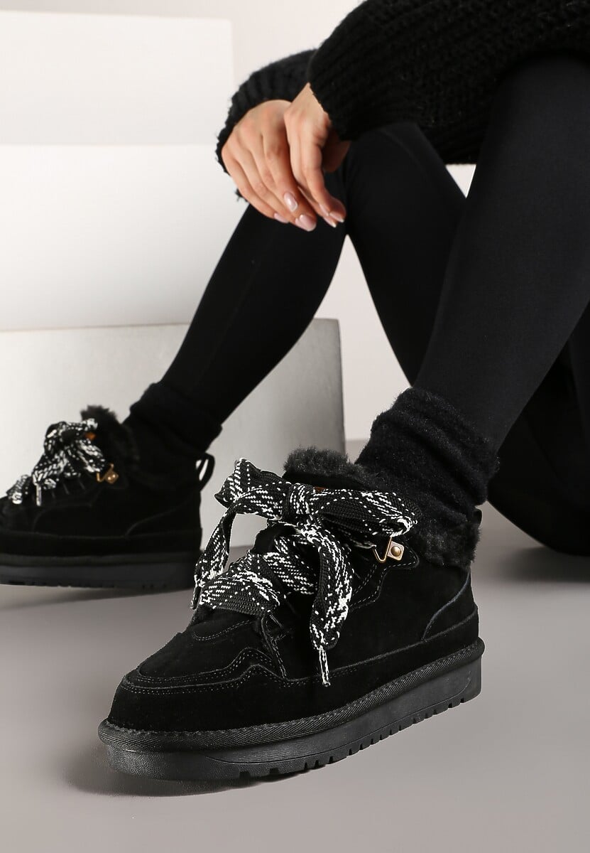 Czarne Śniegowce Typu Sneakersy ze Skóry Naturalnej Wyściełane Futerkiem Venalise