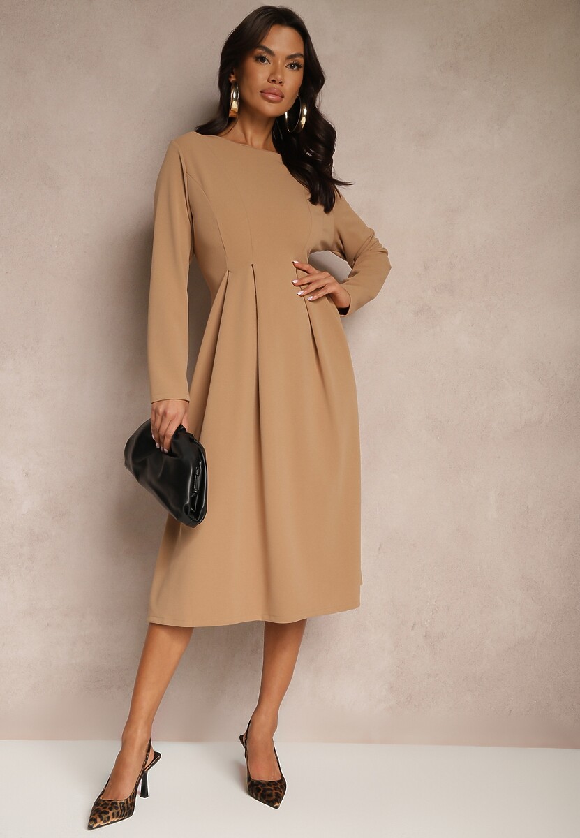 Ciemnobeżowa Rozkloszowana Sukienka w Eleganckim Stylu Temilissa