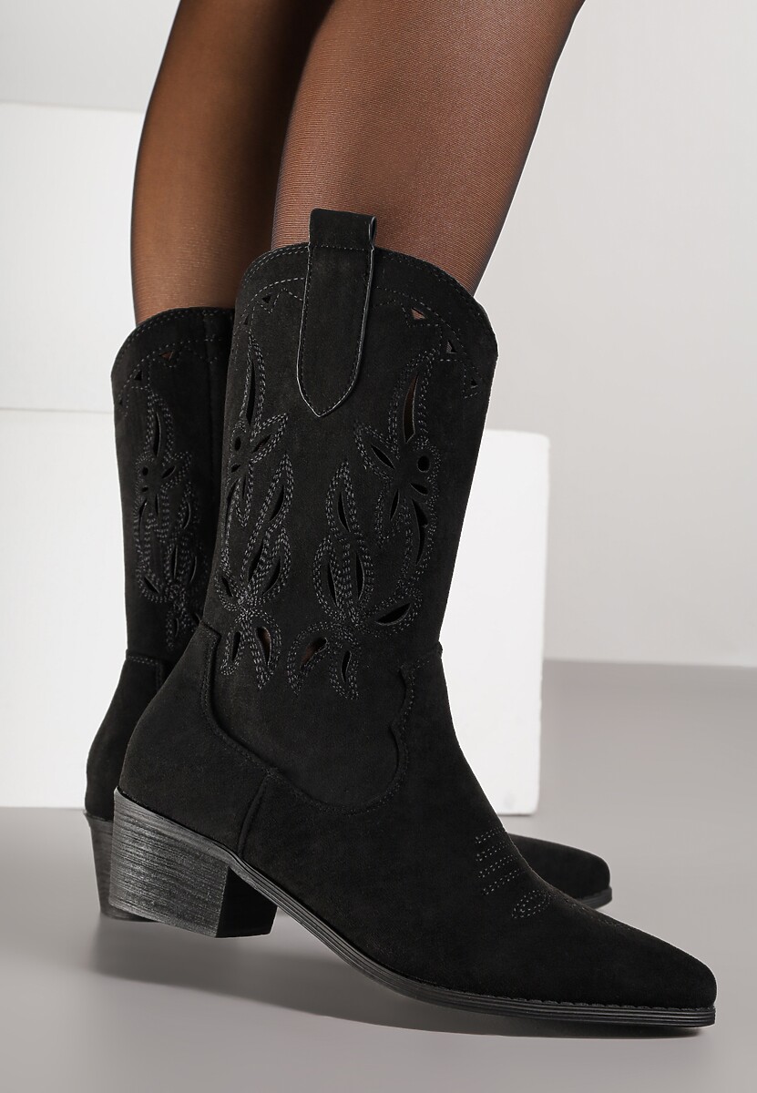 Czarne Botki Vices na Słupku Kowbojki z Ażurową Cholewką Rivori