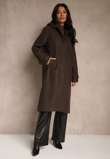 Brązowy Płaszcz Jednorzędowy z Wiskozą i Wełną Typu Trencz Maitila