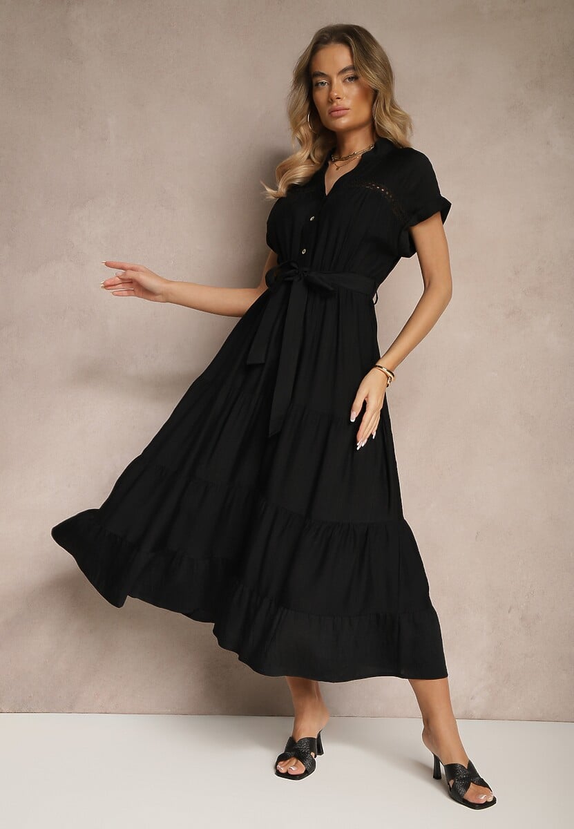 Beżowa Rozkloszowana Sukienka z Wiskozy z Wiązanym Paskiem Olissare