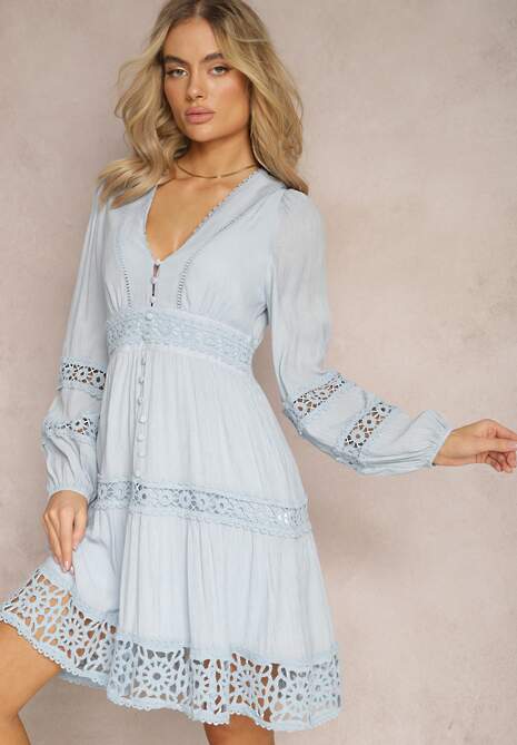 Jasnoniebieska Rozkloszowana Sukienka Mini z Ażurowym Wzorem i Gumką Ilermia