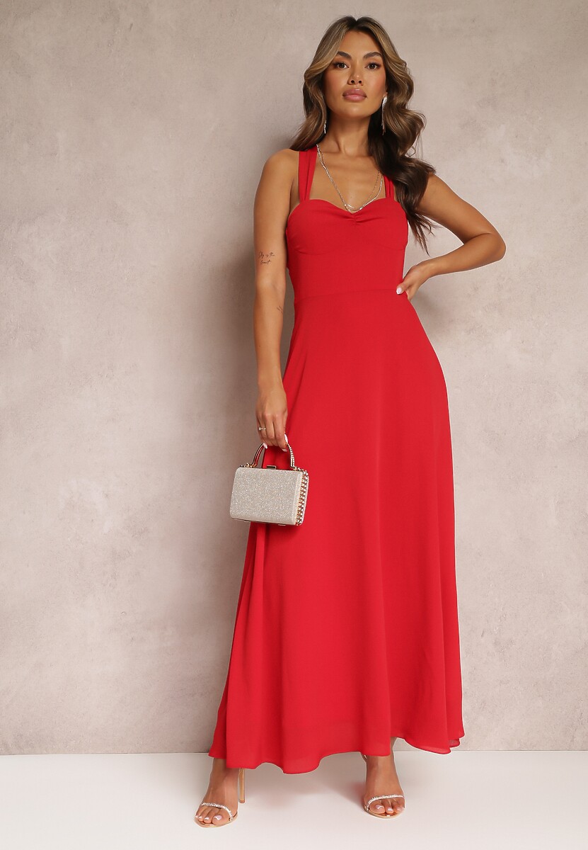 Czerwona Rozkloszowana Sukienka Koktajlowa Wiązana na Plecach Malori