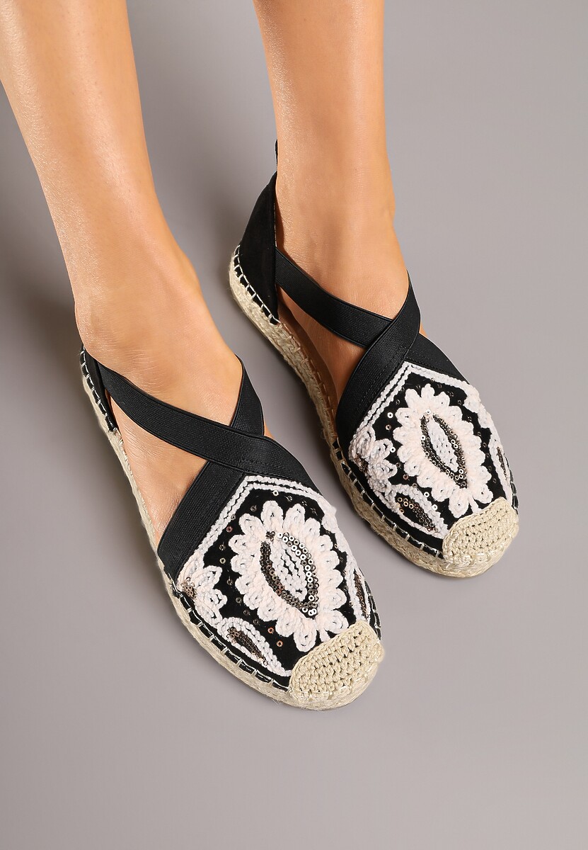 Czarne Haftowane Espadryle z Elastycznymi Paskami na Podeszwie z Plecionki Fodamira