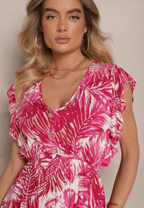 Różowa Sukienka o Rozkloszowanym Fasonie z Bawełny w Liście Lanadena