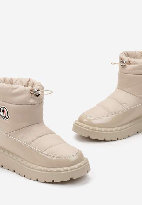 Beżowe Krótkie Śniegowce na Platformie z Lakierowanymi Wstawkami Goddie