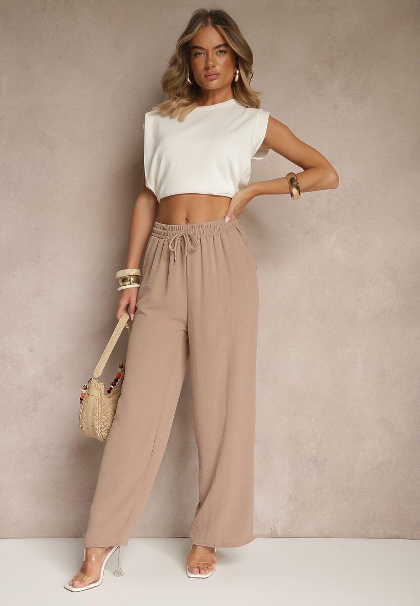 Ciemnobeżowe Spodnie High Waist ze Sznurkiem w Talii i Prostą Nogawką Raveann