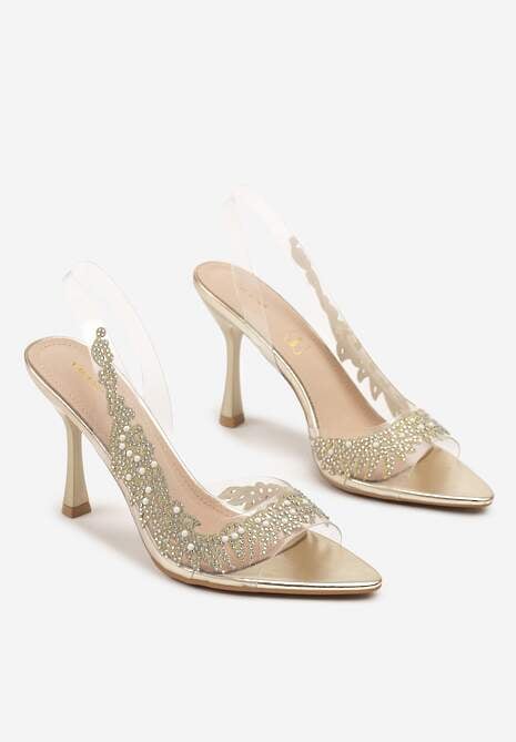 Złote Przezroczyste Sandały na Szpilce Vices ze Skórzaną Wkładką i Cyrkoniami Oviassa