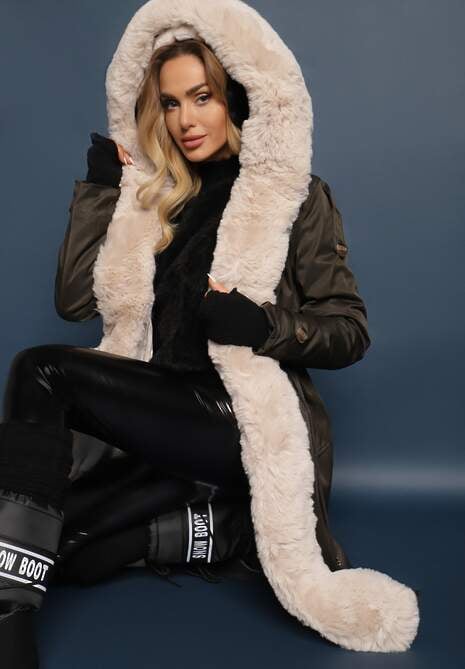 Ciemnozielona Długa Kurtka Parka Nylonowa Płaszcz z Futrzanymi Wstawkami Rinale