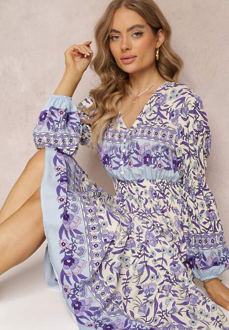 Fioletowo-Beżowa Sukienka Maxi w Kwiaty z Wiskozy Vellu