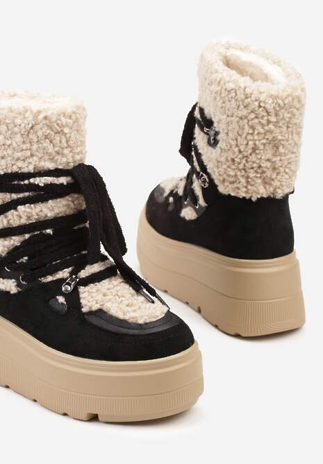 Czarne Śniegowce na Grubej Podeszwie ze Sznurowaną Cholewką z Futerkiem Zerisa