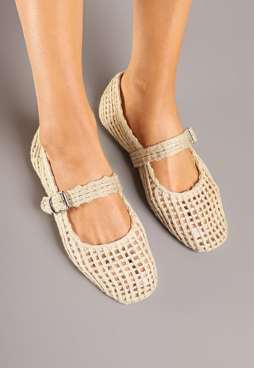 Beżowe Ażurowe Balerinki w Stylu Mary Jane z Plecioną Cholewką Deraelle