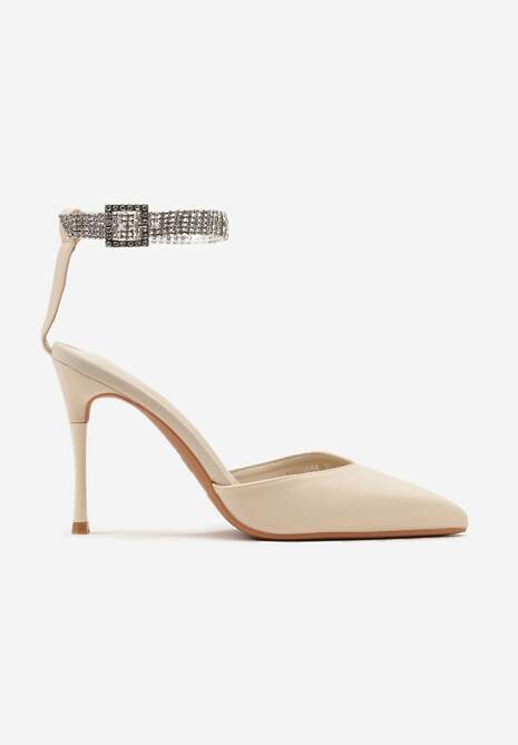 Beżowe Szpilki z Paskiem Wokół Kostki Zdobiony Cyrkoniami Faeillna