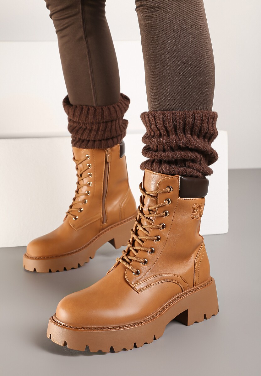 Brązowe Ocieplane Sznurowane Botki Vices na Płaskiej Podeszwie Ozdobione Tłoczeniem Zerilea